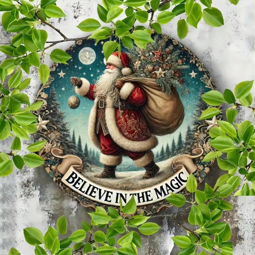Christmas Santa Claus Snow Scene Metal Wall Art Round Home Decor Sign