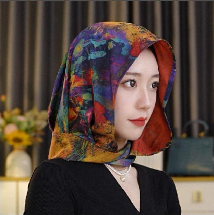 Spring and summer new double-layer double-sided satin silk scarf, hat, sunscreen headscarf, hat, streamer temperament, bag head hat, Feiling