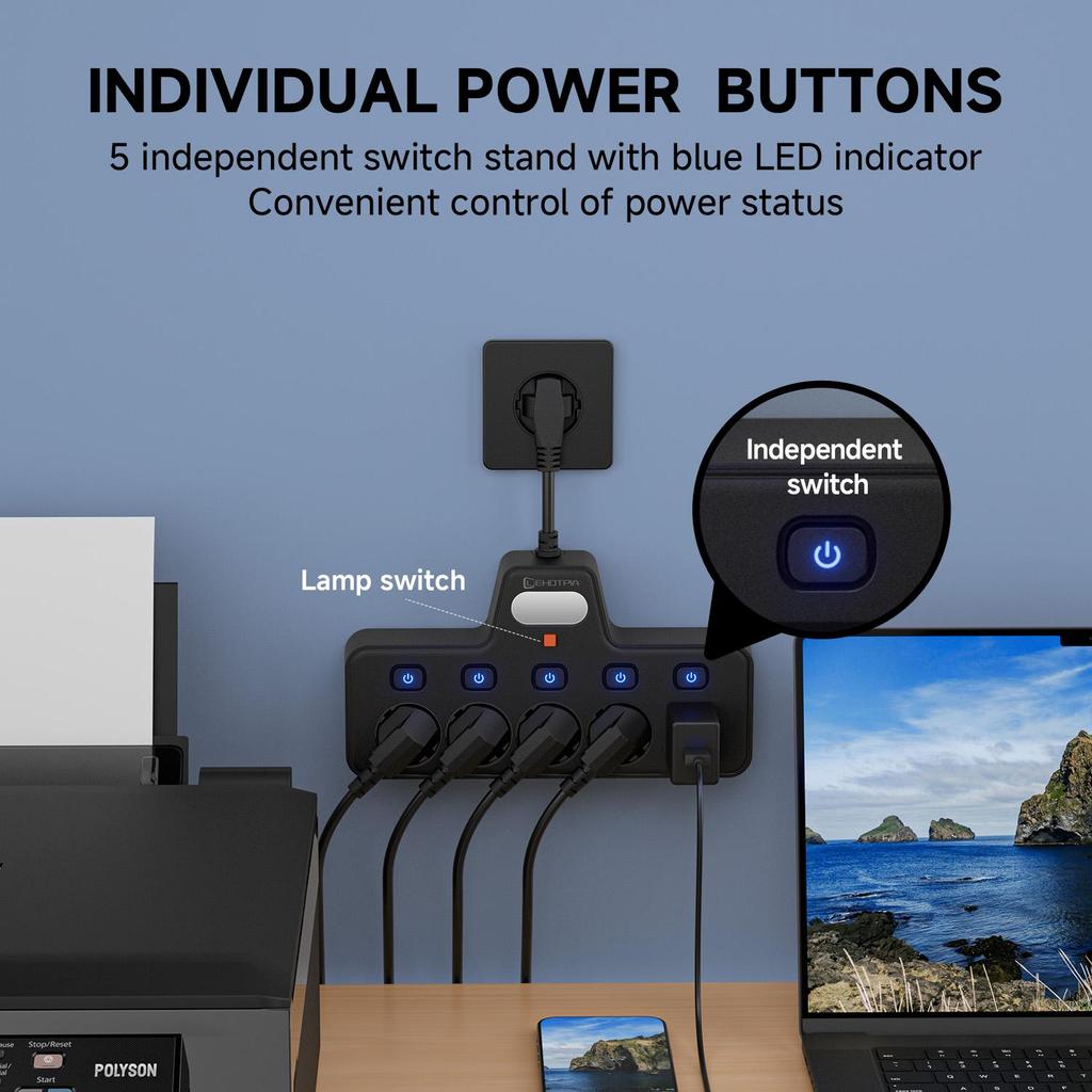 European standard multi socket lighting power socket, made of PC fire-resistant and flame-retardant material, equipped with small night lights