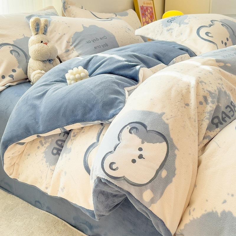 Winter Thickened Milk Velvet Four-piece Set Plus Velvet Warm Coral Velvet Quilt Cover Flannel Sheet Quilt Cover Bedding