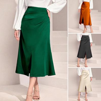 High-Waist Women Skirt Solid Color All-Match Style Pleated Skirt Slimming Design Slit Design Zipper Hip Wrapped Midi Skirt