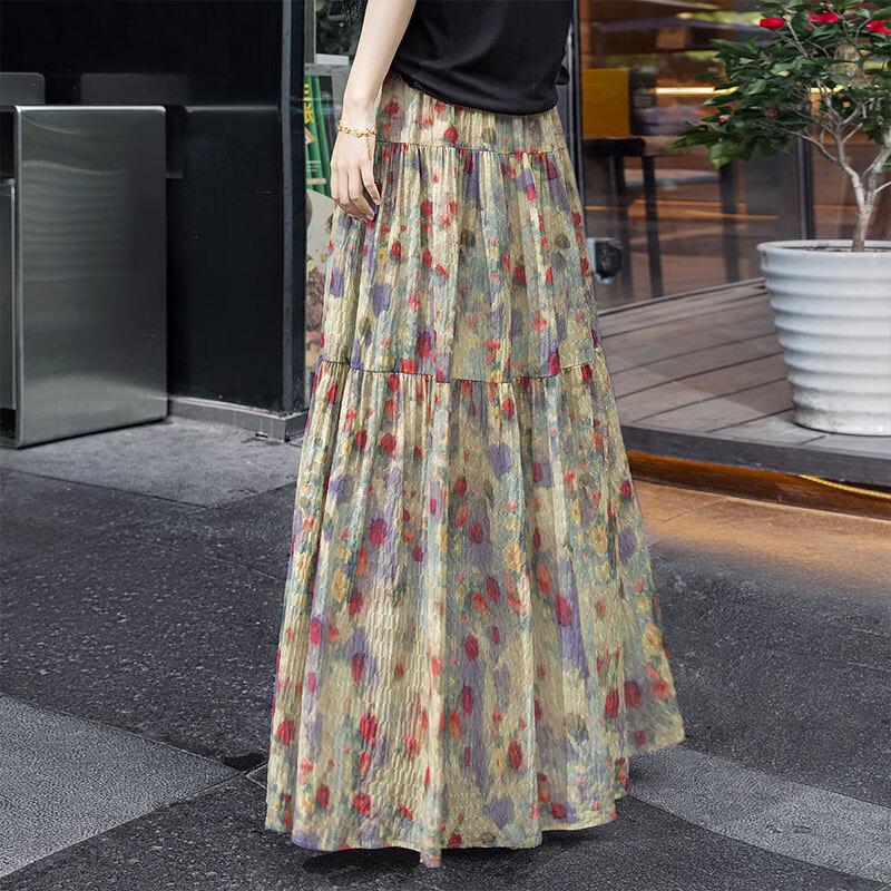 Dámská dlouhá áčková sukně s vysokým pasem a květinovým vzorem