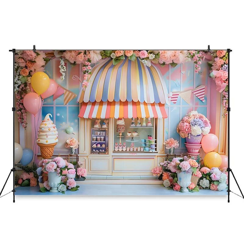 Ice Cream Backdrop For Photography Cake Crush Dessert Shop Balloon Flower Background Wedding Birthday Party Decoration Backdrops