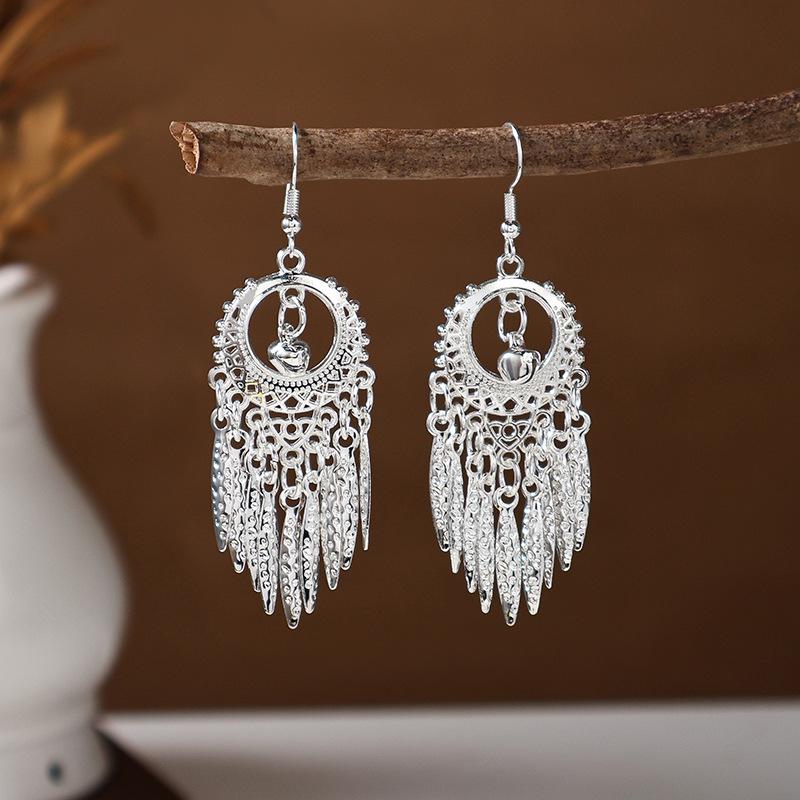 Ethnic Miao Silver Tassel Earrings - Retro Long Dangle Scenic Studs for Women