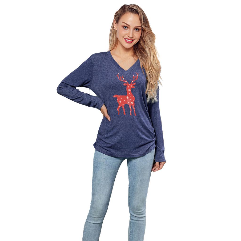HNXC Solid-color Christmas Snowflake Spotted Deer Print Casual Long-sleeved T-shirt for Women