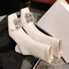 Square Toe Stretch Tight Boots Small Slim Heel Rhinestone Square Buckle Middle Leg Boots Women's High Heels