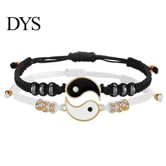 Vintage Bracelets 2Pcs Couple 2 Matching Yin Yang Hand Knitted Unisex Men Women Shiny Rhinestones Adjustable for Valentines Day Tai Chi