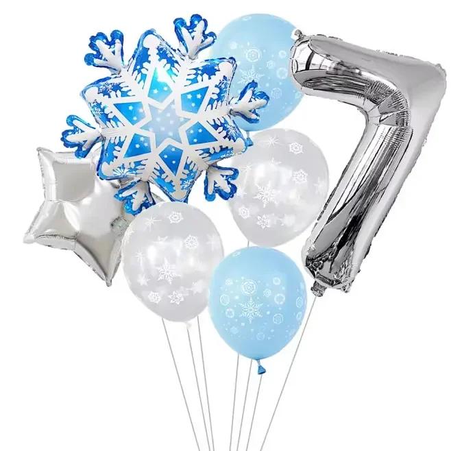 7Pcs Snowflake 32 inch Number 1-9 Foil Balloon Set Winter Snowflake Frozen Theme Balloons Birthday Party Holiday Decorations