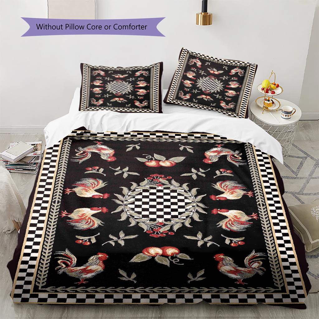 Vintage Chicken Art Pattern Bedding Quilt Set Quilt Cover Pillowcase Home Decoration Gift (1 * duvet cover + 2 * pillowcase, without core)