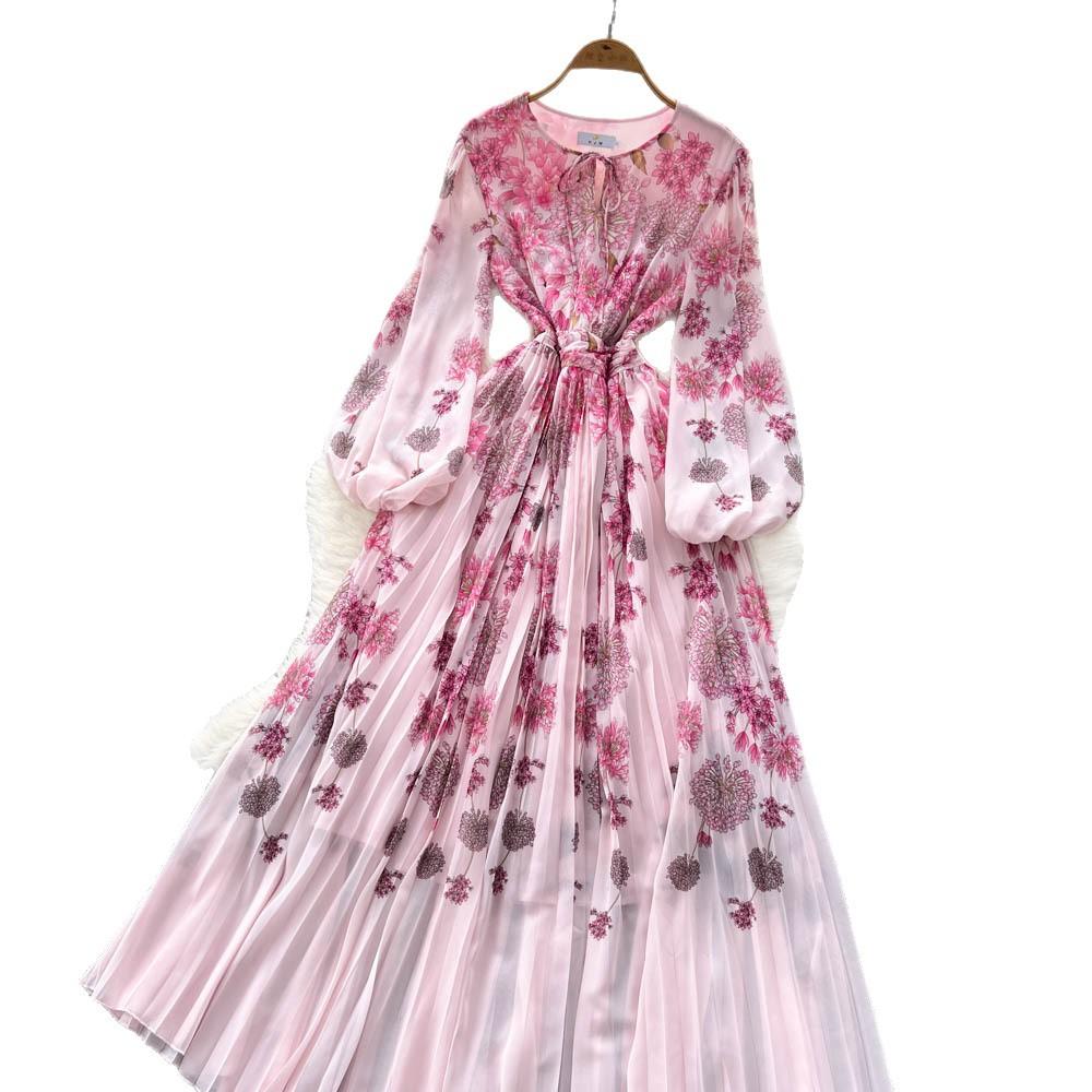 French elegant dress women's new high-end waist round neck lantern sleeve positioning printing pleated dress
