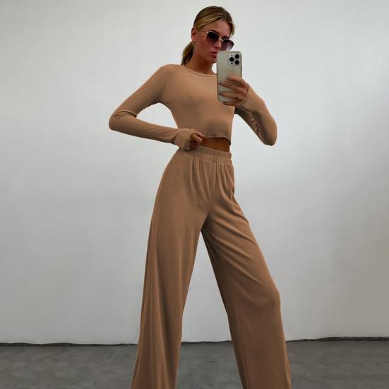 Women 2 Piece Lounge Set Long Sleeve Cropped Pullover Top Wide Leg Pants Set Fall Crewneck Tracksuit Casual Outfits