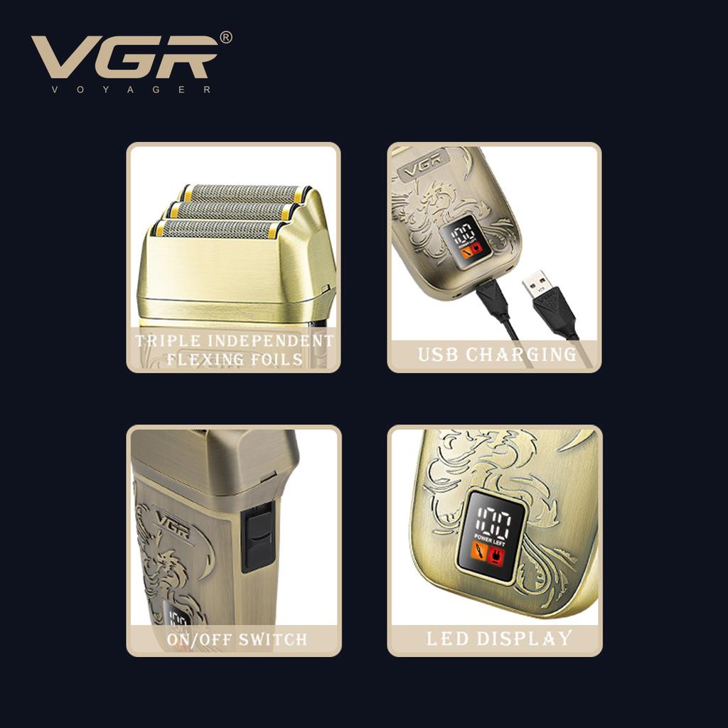 Professional VGR V-349 Retro Metal Shaver Three Blade Deep Cleaning Shaver Embossed Body Intelligent LCD Digital Hair Trimmer Safe and Skin-friendly