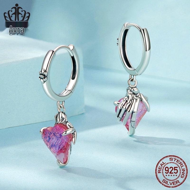 Avle Pinker Totenkopf & Herz Liebe Ohrringe, S925 Sterlingsilber, Damenschmuck