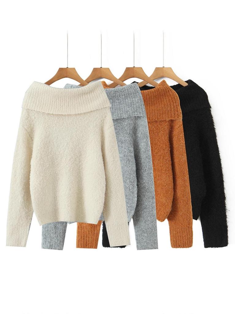 French Winter Off-Shoulder Soft Knit Sweater - Solid Color Loose Pullover