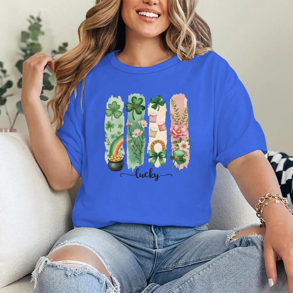 Vintage St. Patrick's Day T-Shirt Women Lucky Four Clover & Floral Short Sleeve Tee Girl Lucky Clover Festival Casual Tops