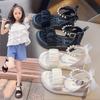 Girls Sandals Back Mesh Lace Bow Kids Princess Shoes Pleated Ins Trendy 2025 Summer New Girls Beach Shoes Soft Sole Non-slip