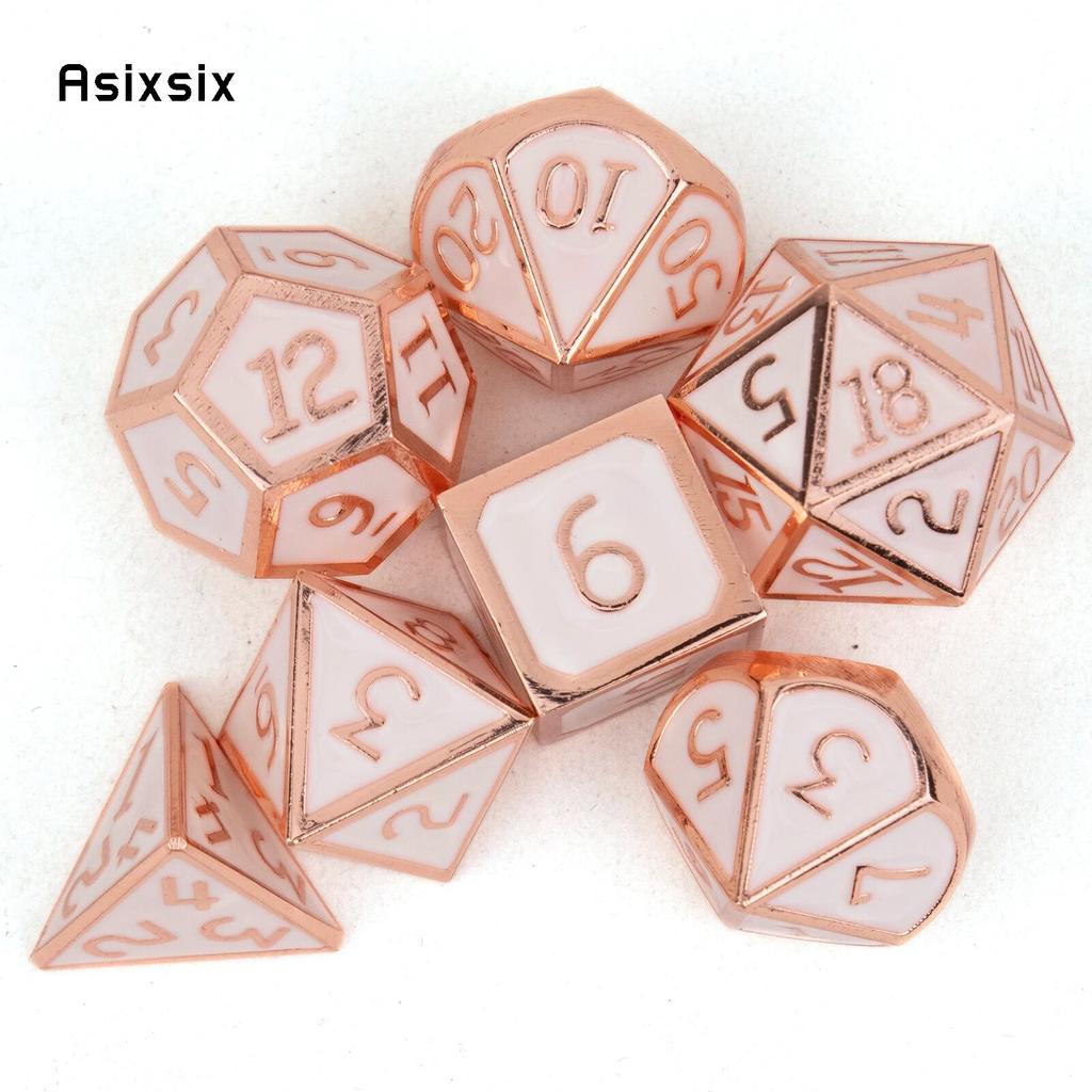 7 sztuk Biało-Różowy Standardowy Metalowy Zestaw Kości Wielościennych Solidny Metal Odpowiedni do Gier Fabularnych RPG Gry Planszowe Gry Karciane