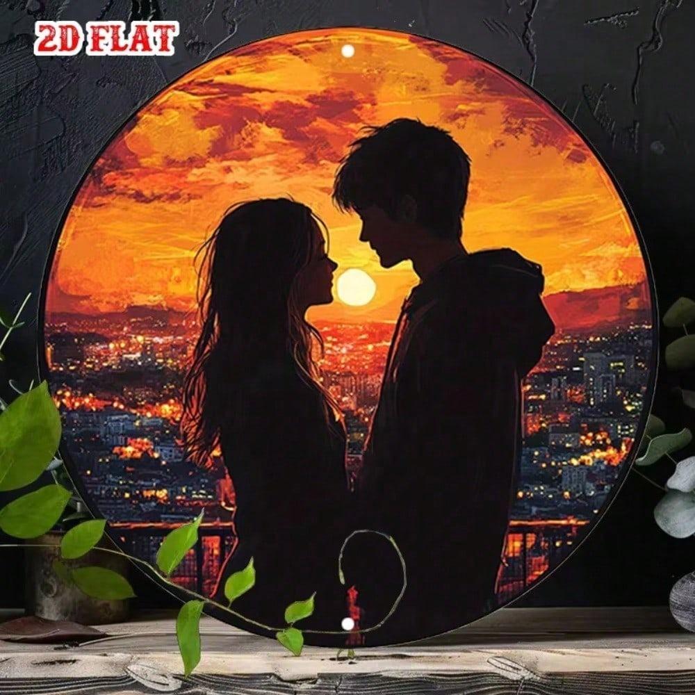 Retro Couple Sunset Silhouette Round Metal Wall Art Urban Skyline Tin Sign 7.87 Inch Aluminum Decor For Home Cafe Garage