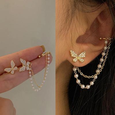 Korean Rhinestone Butterfly Stud Earrings For Women Girls Cute Fashion Metal Cuff Chain Tassel Boucle D'oreille Zircon