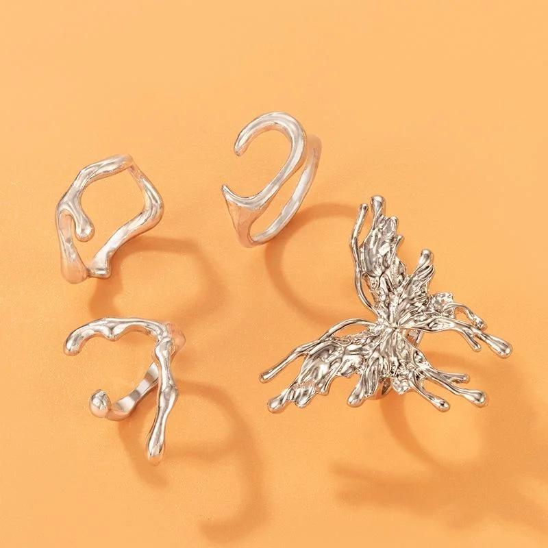 Fashion Niche Geometric Butterfly Ring Set for Women Irregular Wave Metal Finger Decoration for Girls High-end Jewelry Gifts