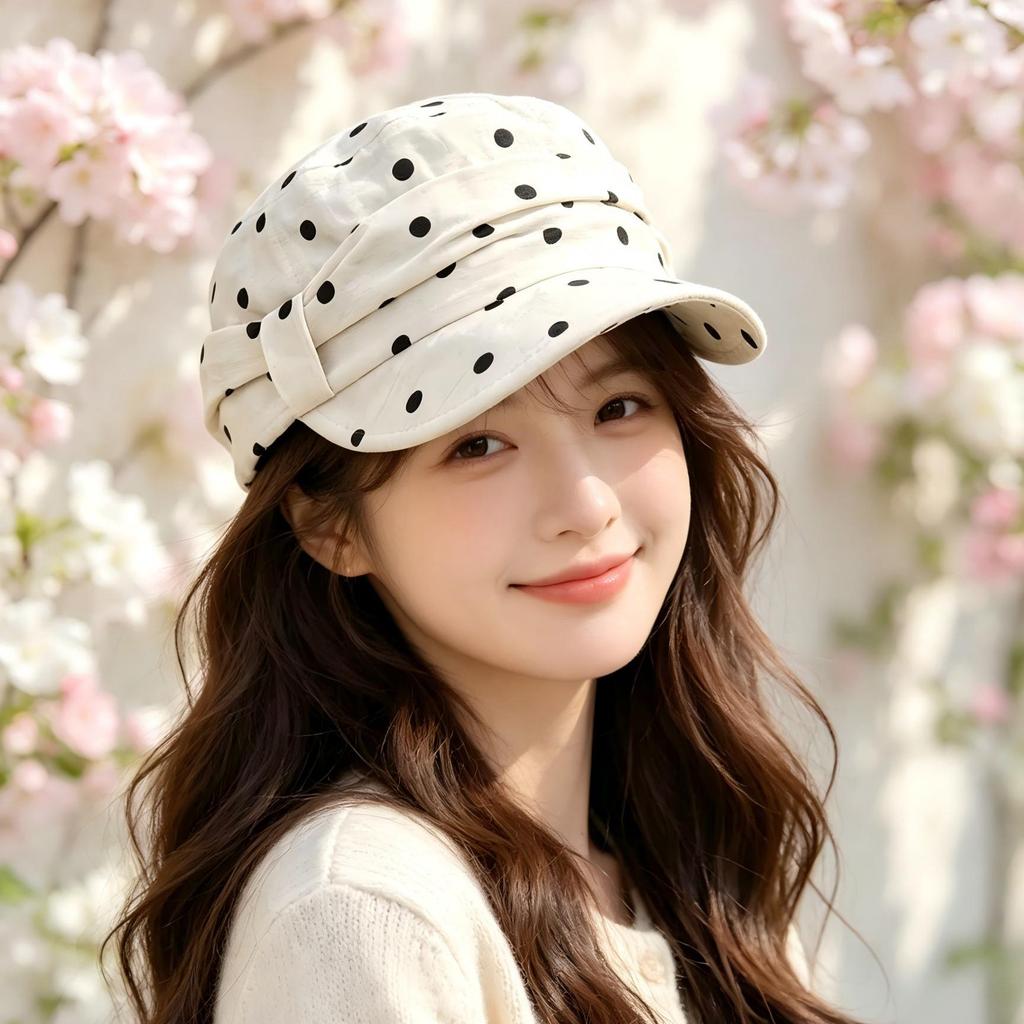 Polka dot retro beret summer versatile trendy fashion sunshade painter hat showing face small soft top cap women's model