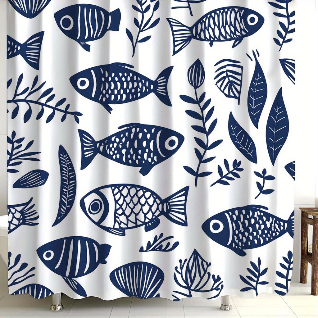 Elegant Navy Blue Fish and Plant Print Shower Curtain, Perfect for Bathroom Decor, Bathroom Curtains|Artistic Shower Curtain