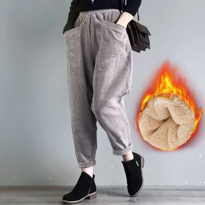 Add Velvet Warm Autumn Winter Literary Solid Corduroy High-waist Harem Retro Women Casual Pants Loose