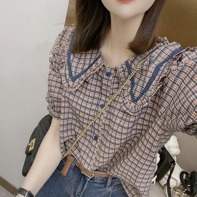 Summer Chic Doll Collar Puff Sleeve Checkered Shirt Women Unique Design Casual Top