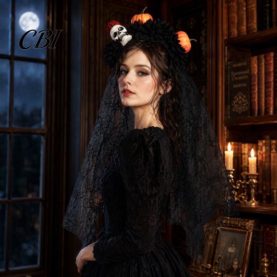 Halloween Costume Headband Pumpkin Skull Floral Headband, Stable Hair Hoop with 3D Artificial Non-irritating Flowers And Spiderweb Black Gauze Gothic