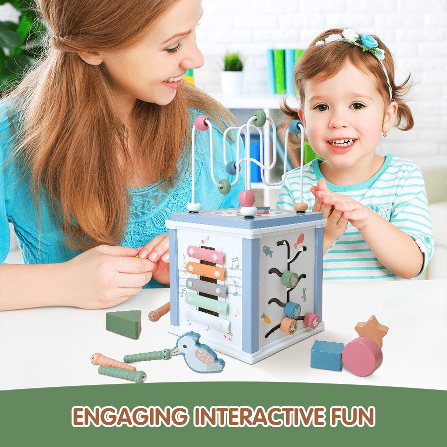 Wooden Activity Cube, 5 In 1 Activity Cube,Multifunctional Treasure Box Activity Toys,Featuring Shape Sorting ,Stacking Blocks,Xylophone,Easter Gifts