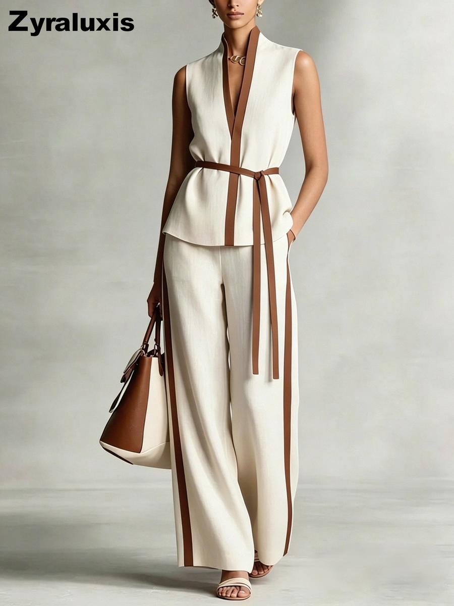 Summer New Fashion Color Block Women s Sleeveless Top Wide Leg Pants Set S белый