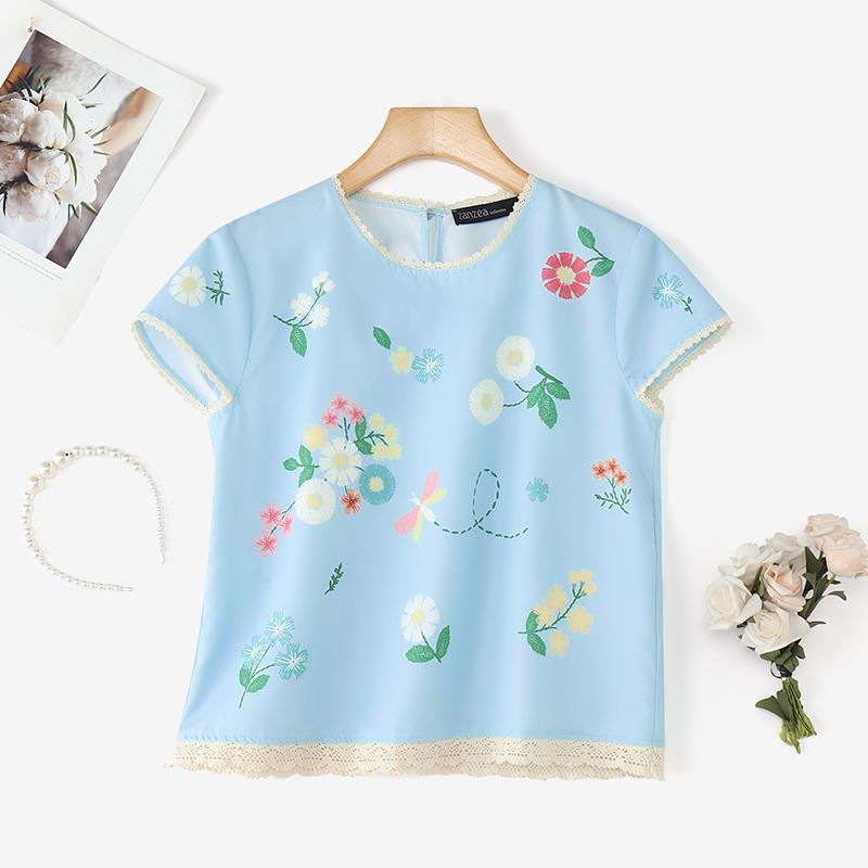 

ZANZEA Женская повседневная блузка с круглым вырезом, цветочным принтом и коротким рукавом 5XL светло-синий