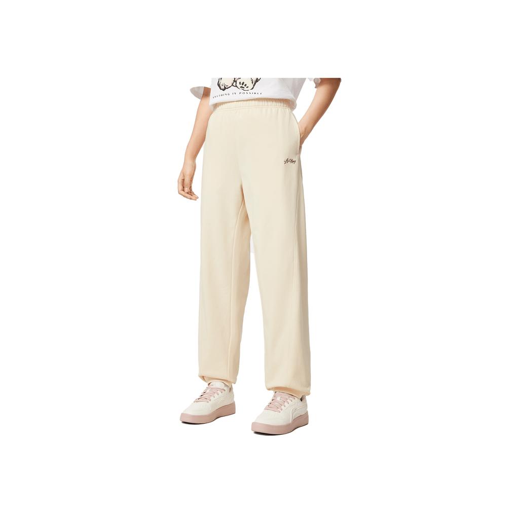 Li Ning Sports Lifestyle Series Solid Color Mid Waist Versatile Drawstring Loose Cuff Knit Sports Pants Women bottoms AKLVC14-6