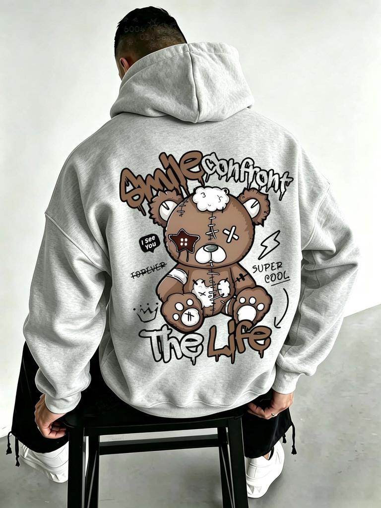 American Style Trendy Patched Stuffed Bear Sweatshirt with Back Print and Hooded Casual T-shirt for Both Men and Women