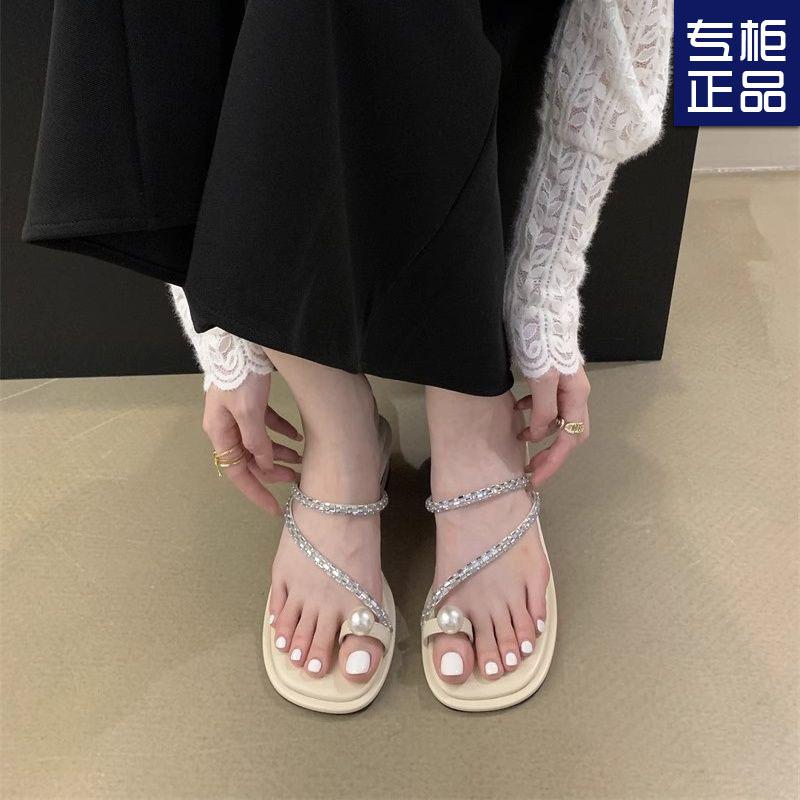 Fairy wind thick heel set toe pearl cool slippers women's outer wear 2025 summer new rhinestone middle heel Roman toe sandals