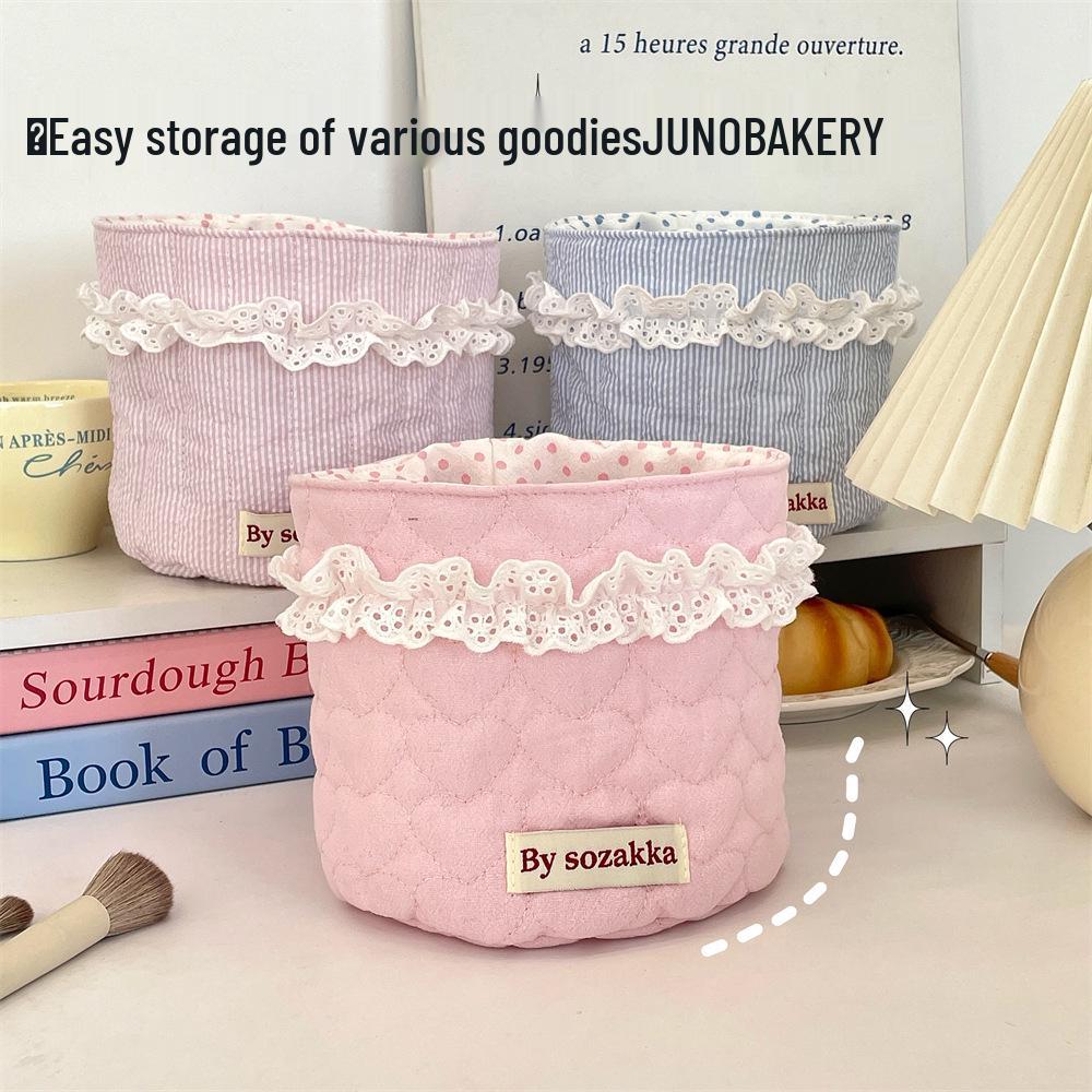 Korean Quilted Fabric Basket for Girls - Round Storage Organizer for Toys and Snacks.