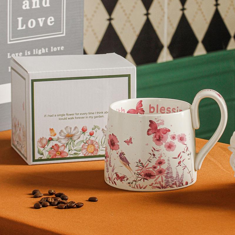 Large Capacity Hand-Painted Cartoon Flower Ceramic Mug - Souvenir Coffee & Water Cup