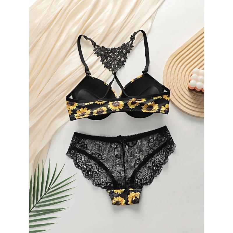 Damen sexy Dessous-Set mit Frontverschluss, Chrysanthemenmuster und Stahlbügel Push-Up-Unterwäsche-Set A3116