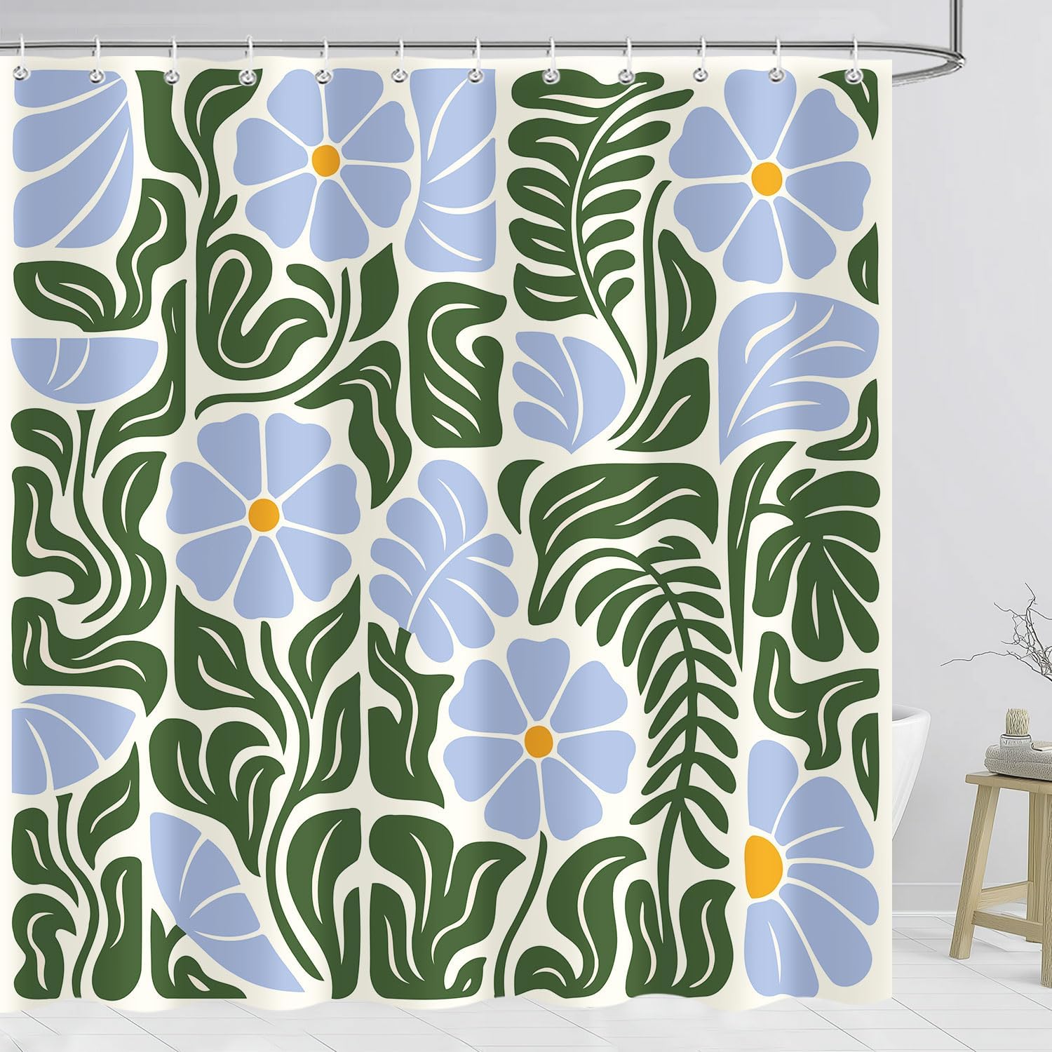 Annier Blue/Green Abstract Vintage Floral Shower Curtain Boho Retro Trendy Flower Bathroom Decor Cute, Mid Century Modern Funky