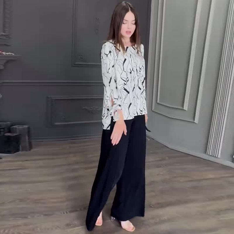 2024 Autumn Women's Casual Print Shirt & Solid Wide-Leg Pants Set