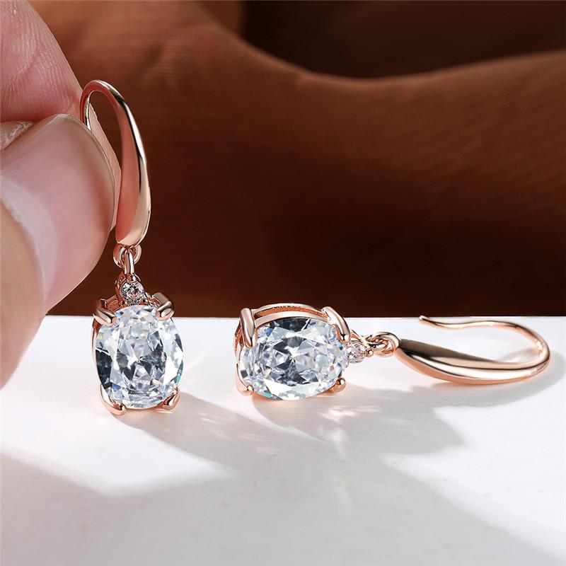 Aqua Blue Zircon Long Dangle Earrings Rainbow Crystal Oval Stone Drop Earrings Trendy Rose Gold Color Wedding Earrings For Women