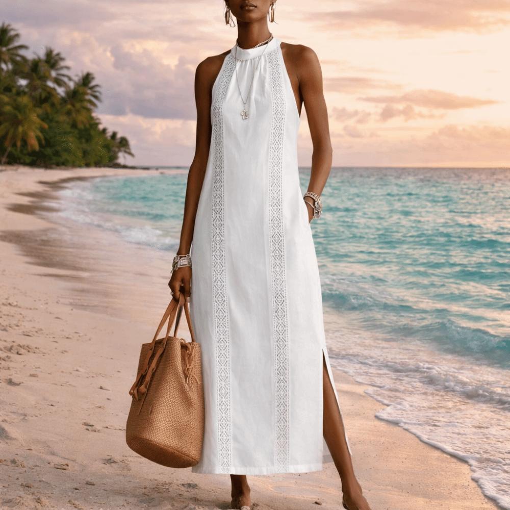 Neck Hanging Lace Splicing Dress Loose Fit Women's Summer Dress Long Skirt  Beach Wear