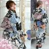 RAVIR Yukata Set with Morning and Gray Camellia Fluffy Obi and Geta One Size Fits All Women's 3-Piece White, Black, Glory, Patterns, Belt, Sandals,