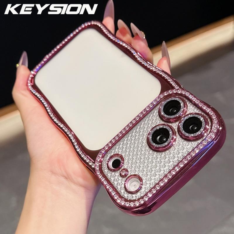 KEYSION Plating Transparent Wavy Rhinestone Phone Case for iPhone 13 14 15 16 17 Pro Max Air 16 Plus Lens Protector Shockproof Cover