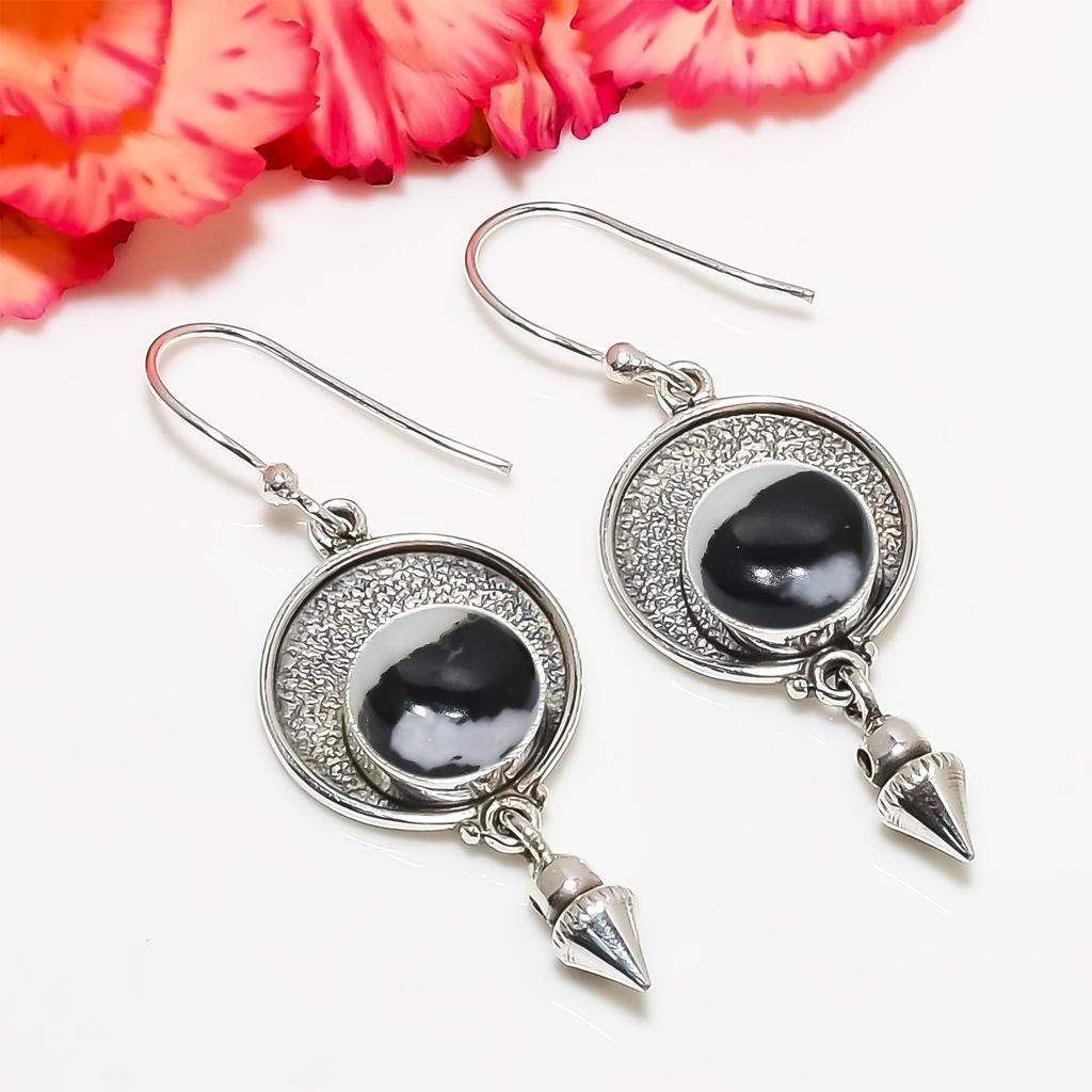 White Buffalo Turquoise - Nevada 925 Sterling Silver Earring V6810, Black & White Earring, Round Earring, Valentin's Day Gift, Gift For Her, Birthday