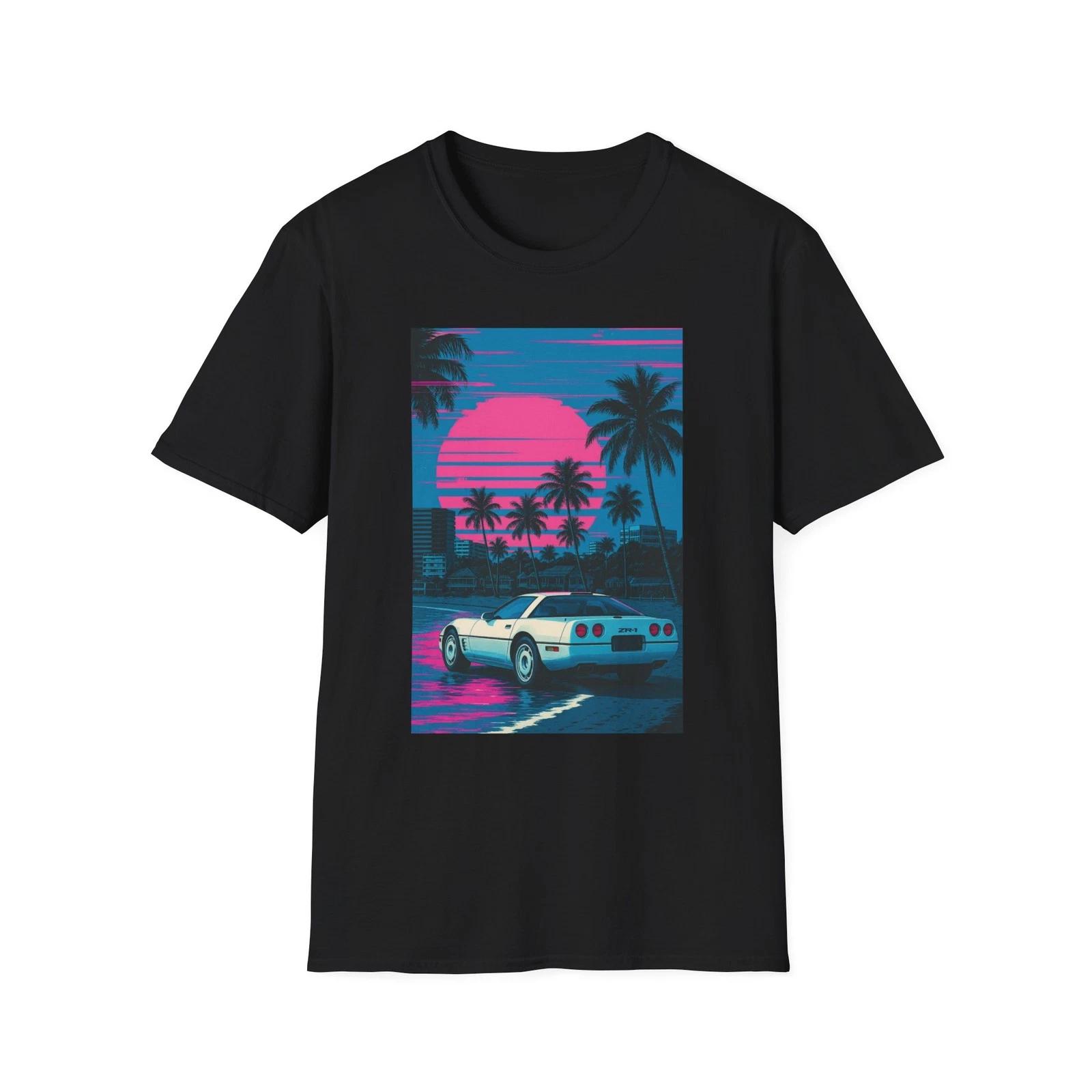 Retro Vintage 80s Outrun Synthwave Corvette ZR1 Palm Trees Beach Sunset T-Shirt L
