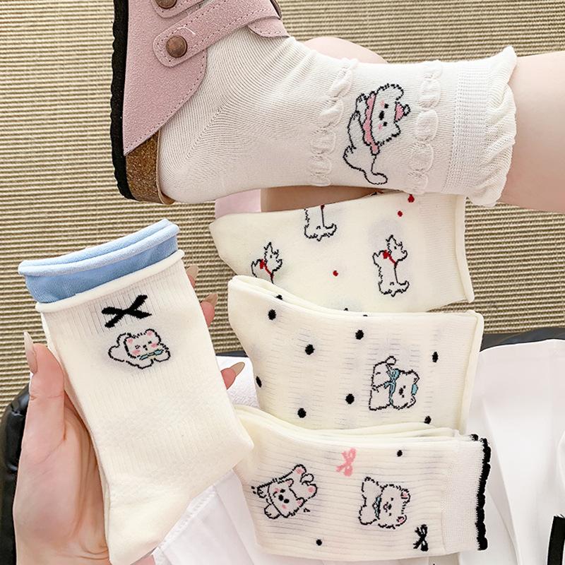 Female Fall Striped Cartoon Cute Preppy Bow Puppy Mid Tube Socks