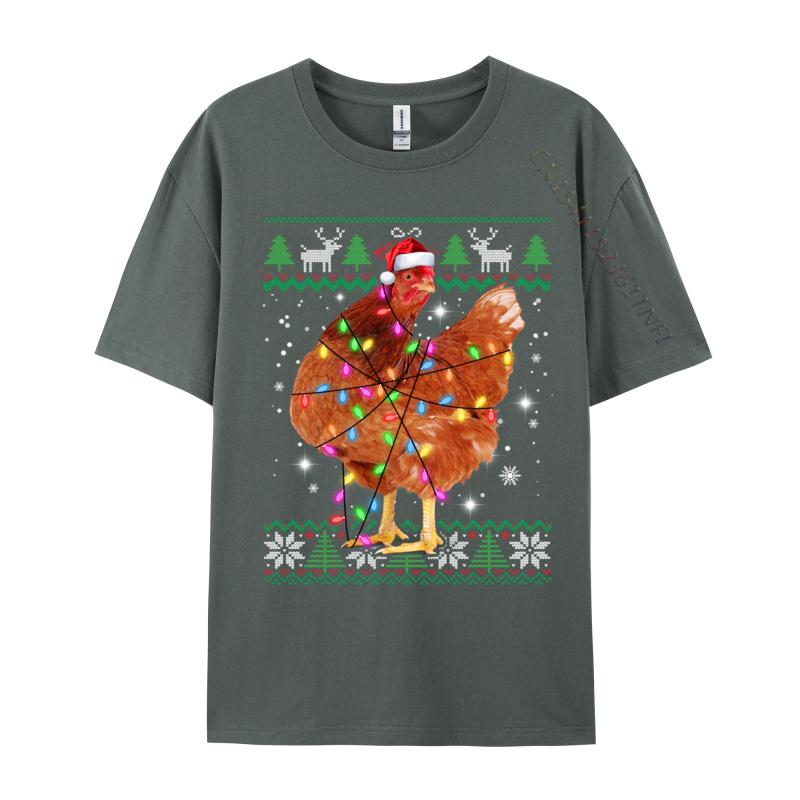 Ugly Christmas Chicken Santa Hat Lights Sweater Xmas T-Shirts Natural Cotton Man Fashion T-Shirt Chicken Santa T-Shirts Casual
