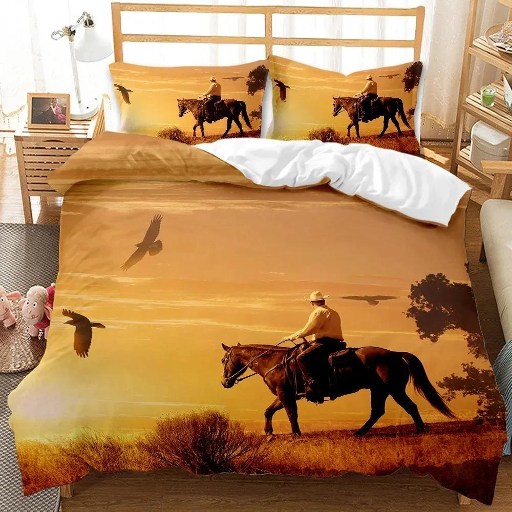 Western Cowboy Bedding Set Sunset Scenery Duvet Cover Bedroom Comforter Single Twin King Size Quilt Cover Home Textile 3PCS