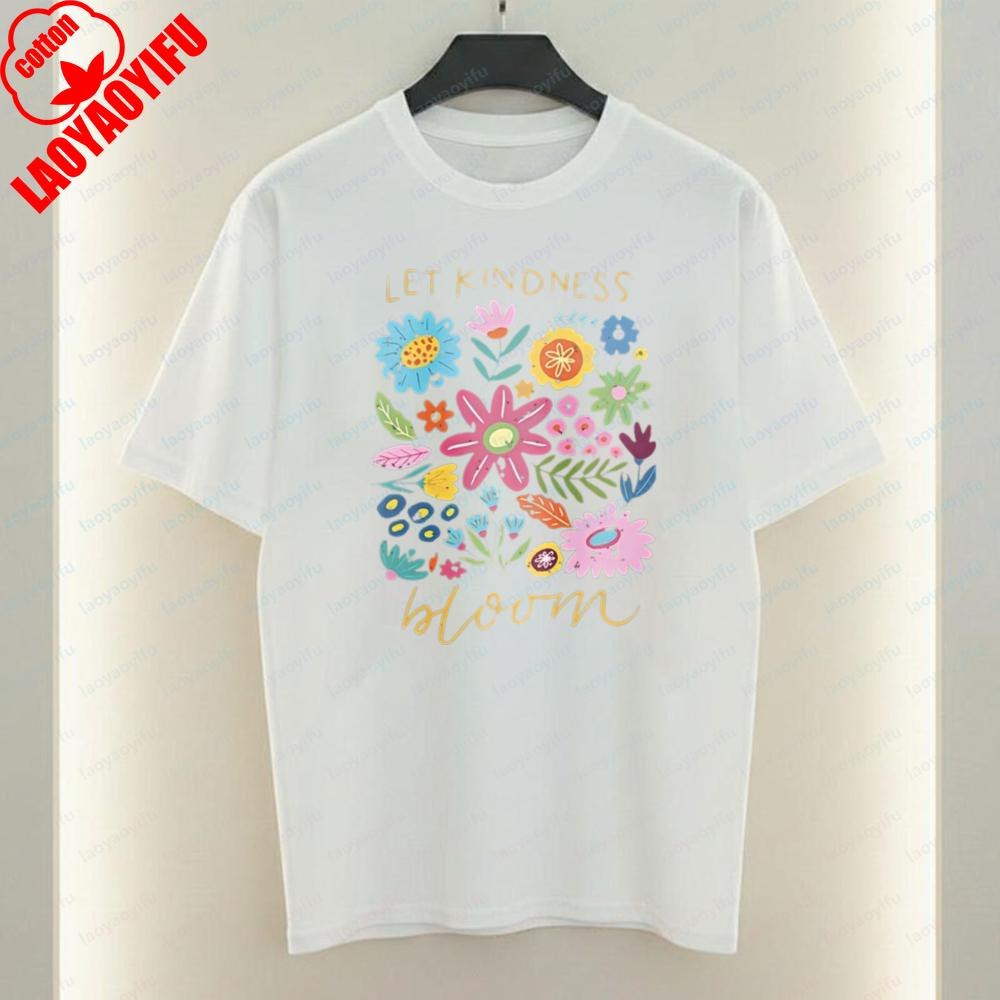 Let Kindness Bloom Art Aesthetic TShirt Colorful Wildflower Graphic Tops Fun Trendy Harajuku Casual Style Cotton Tee for Women